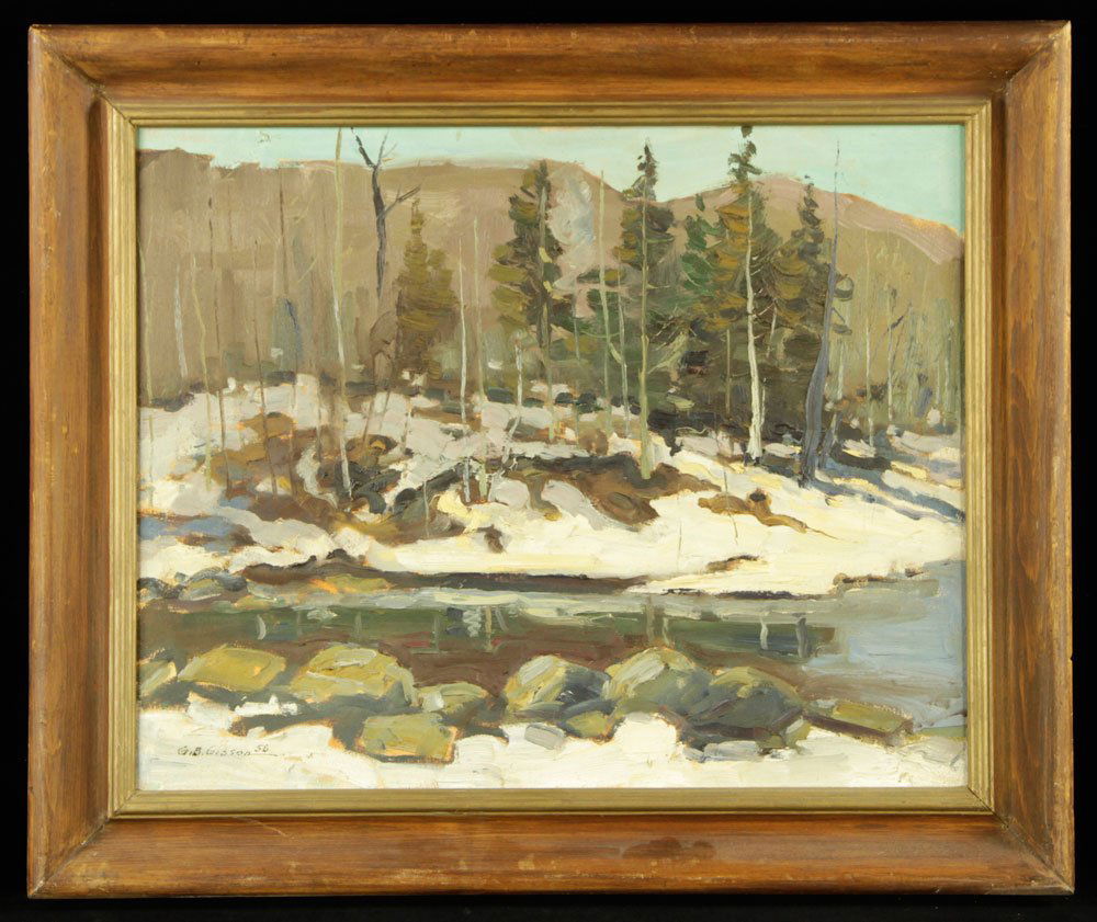 Gibson, "Near Eagle Lake, Haliburton," Oil on Board: George B. Gibson (American, 1912 - date unknown), "Near Eagle Lake, Haliburton," oil on board, signed lower left and dated "'58," signed and titled verso; 16" h x 20" w (view), 20 1/2" h x 24 1/4" w (