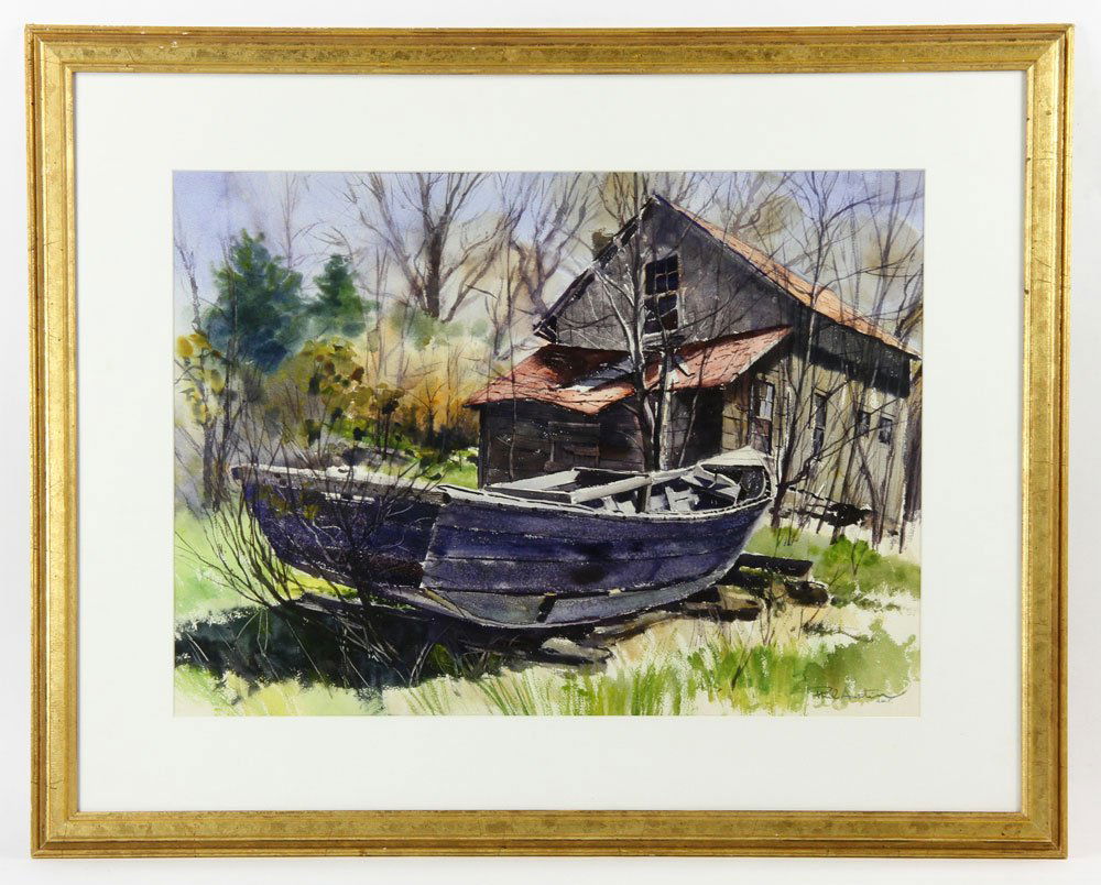 Austin, Old Dory, Watercolor: Phil Austin (American, 1910-2004, American Watercolor Society member), old dory behind barn, watercolor, signed; 21" h x 28 1/2" w (view), 32" h x 39 1/2" w (frame). Provenance: From a Palm Beach coll