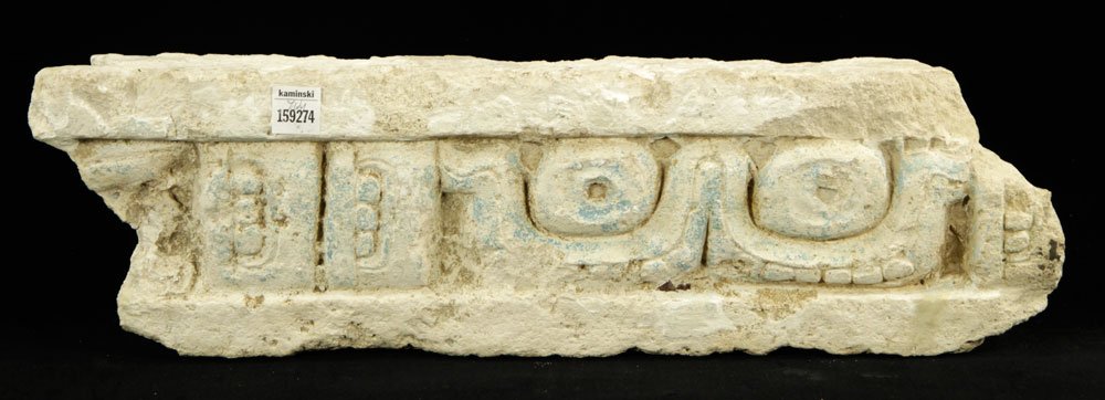 Classical Mayan Limestone Relief Panel: Middle Classical Mayan relief panel, limestone with traces of polychrome, carved with astronomical symbols representing Venus, a serpent head and sky iconography; likely from Palenque, Chiapas, Mexico