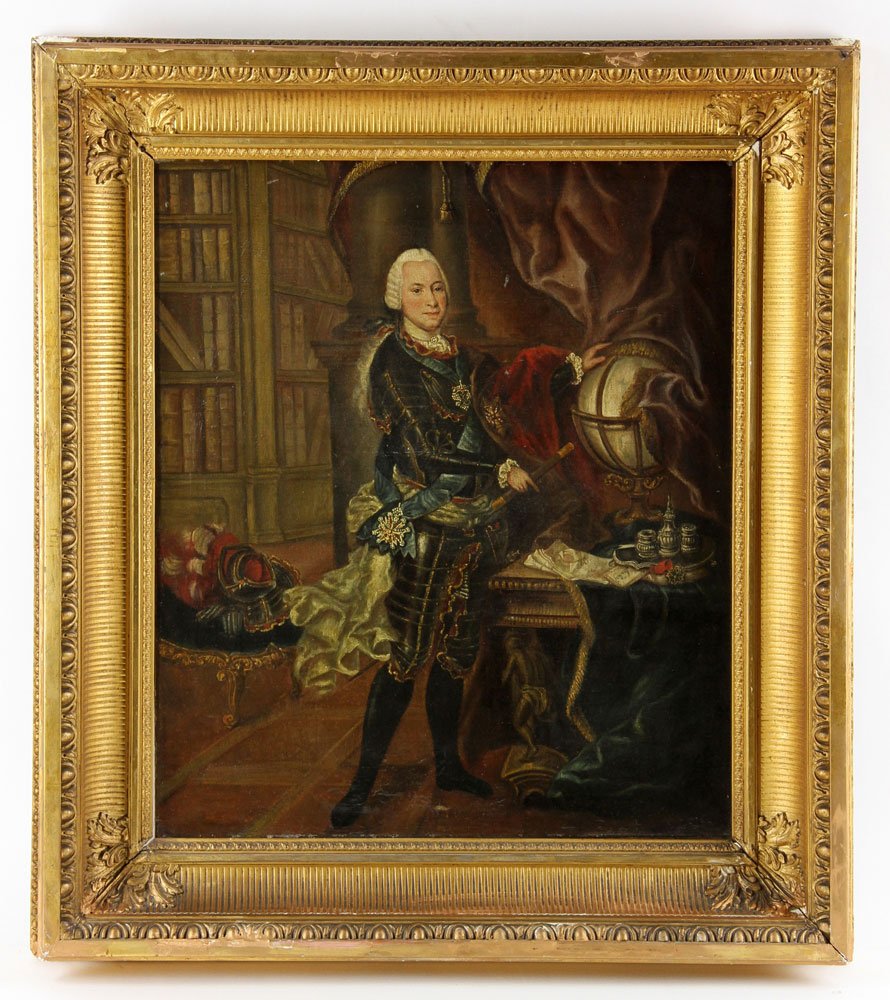 18th C. Continental School, Portrait of an Explorer,: Continental School, portrait of an explorer with a globe, oil on canvas, 18th century, in 19th century gilt gesso fluted frame; 28" h x 22" w (view), 35" h x 31" w (frame). Provenance: From the collec