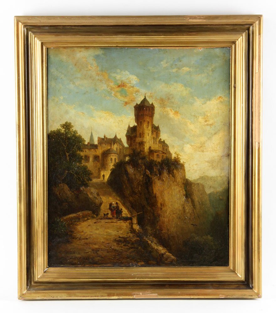 Hermann, Castle View, Oil on Canvas: Ludwig Hermann (German, 1812-1881), view of a castle with figures in distance, oil on canvas, signed and dated "L. Hermann 1871" lower left; 25 1/2" h x 21 1/4" w (view), 32" h x 28" w (frame). Proven