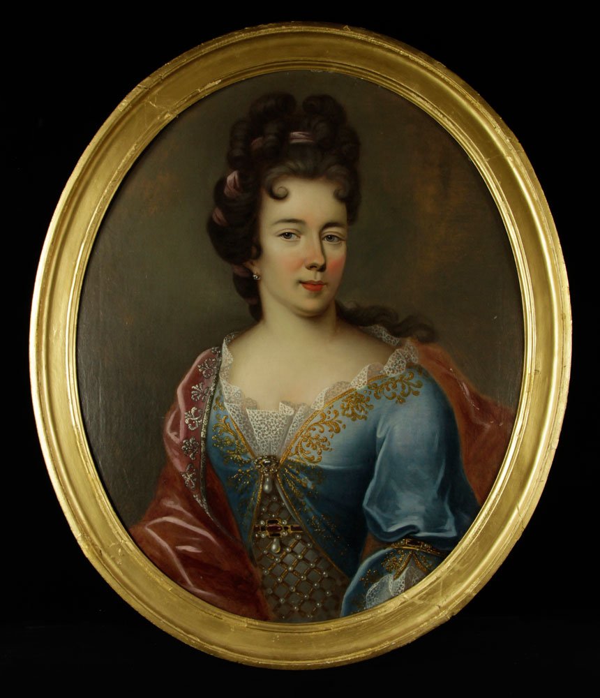 French Portrait of a Young Woman, Oil on Canvas: Portrait of a young woman in burgundy and a blue cape, French, oil on canvas, late 18th to early 19th century; 30" h x 24" w (view), 33" h x 27" w (frame). Provenance: From the collection of William K