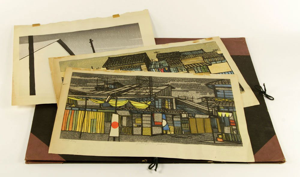 Karhu, Japanese Houses, 3 Woodblock Prints: Clifton Karhu (American, 1927-2007), three Japanese houses, woodblock prints, signed and dated "'63" and "'64" lower right, artist's proofs, unframed, largest measuring 10" h x 20 1/2" w, to include: