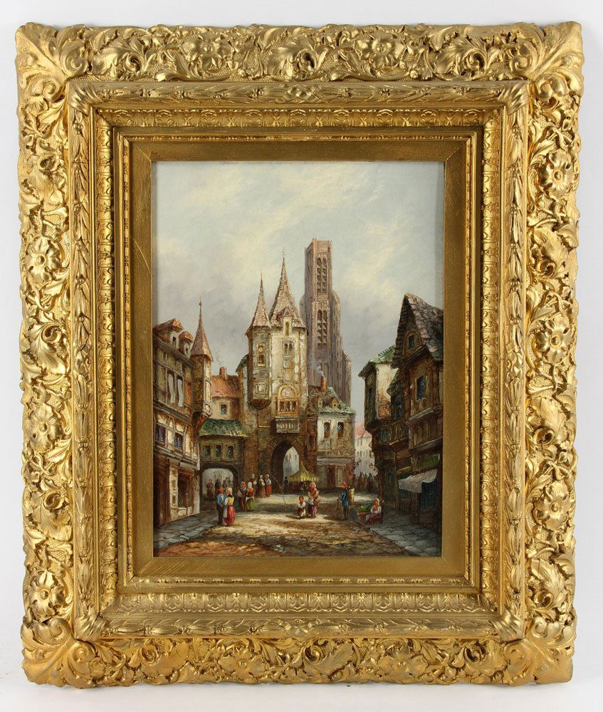 German School, "Fecamp, Normandy," Oil on Canvas: German School, "Fecamp, Normandy," oil on canvas, 19th century, showing street scene with church, signed "H. Schafer" verso; 16" h x 12" w (view), 26" h x 22" w (frame). Provenance: From the collectio