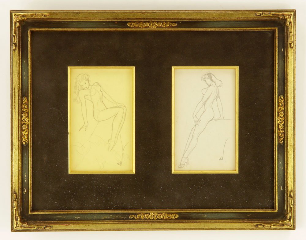 Vargas, Nudes, 2 Pencil Drawings: Joaquin Alberto Vargas y Chavez (Peruvian, 1896-1982), two pencil drawings, showing nude figures, initialed "A.V."; 4 3/4" h x 2 3/4" w (each view), 10 1/2" h x 13 3/4" w (frame). Provenance: From a P