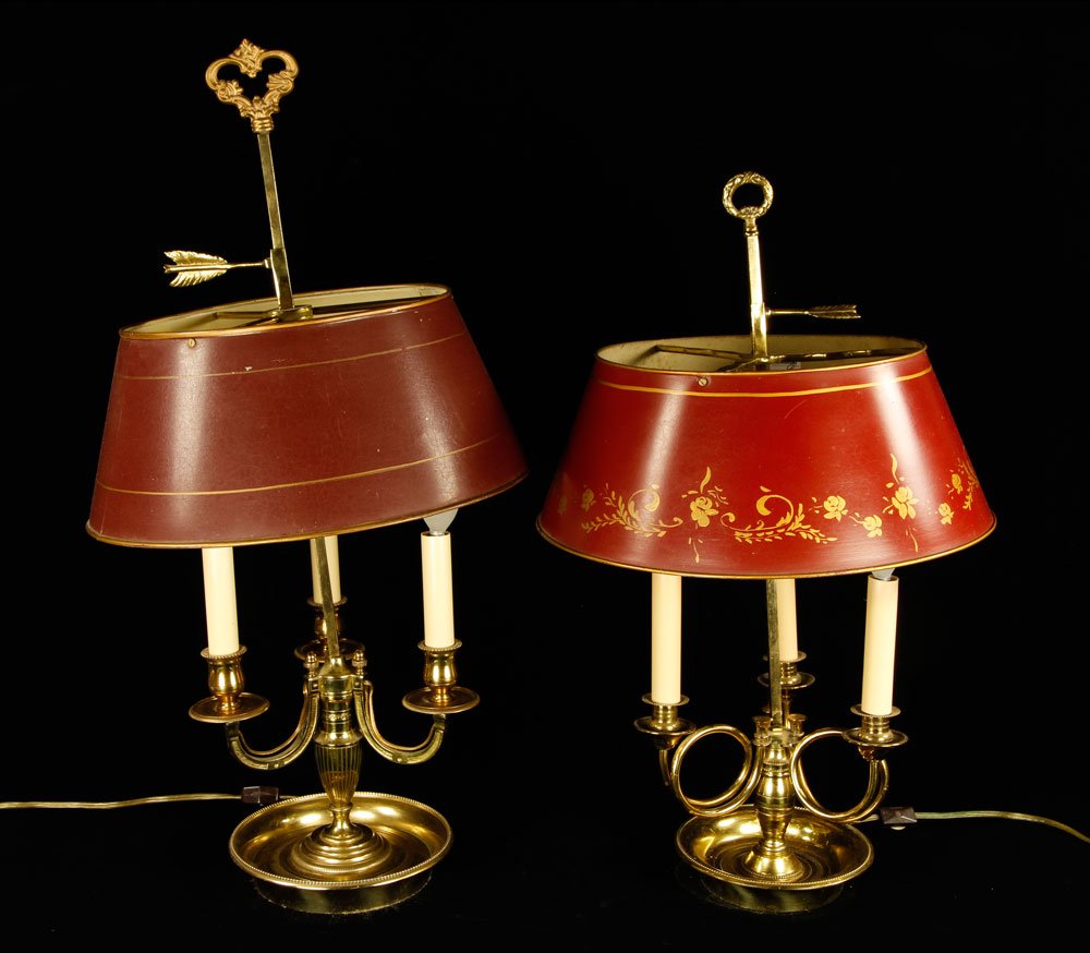2 French Style Bouillotte Table Lamps: Two French-style Bouillotte table lamps, brass, with painted tin shades, each with three sockets, 22" h x 13" w. Provenance: From a California estate.