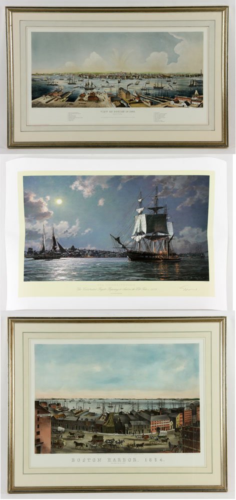 Views of Boston, 2 Lithographs: Lot of two lithographs, showing views of Boston, to include: "View of Boston in 1848," by C. Burton, from the drawing by Edwin Whitefield, 15 3/4" h x 30" w (view), 23 3/4" h x 37" w (frame); and "Bos