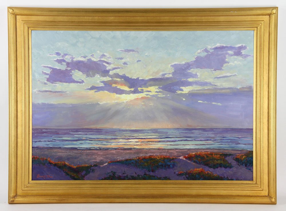 Shea, "Sunset over the Cape," Oil on Canvas: Kevin Shea (American, 20th century), "Sunset over the Cape," oil on canvas, showing view of Cape Cod, signed lower left, in custom carved frame; 29 1/4" h x 43 1/4" w (view), 38" h x 52 1/2" w (frame)