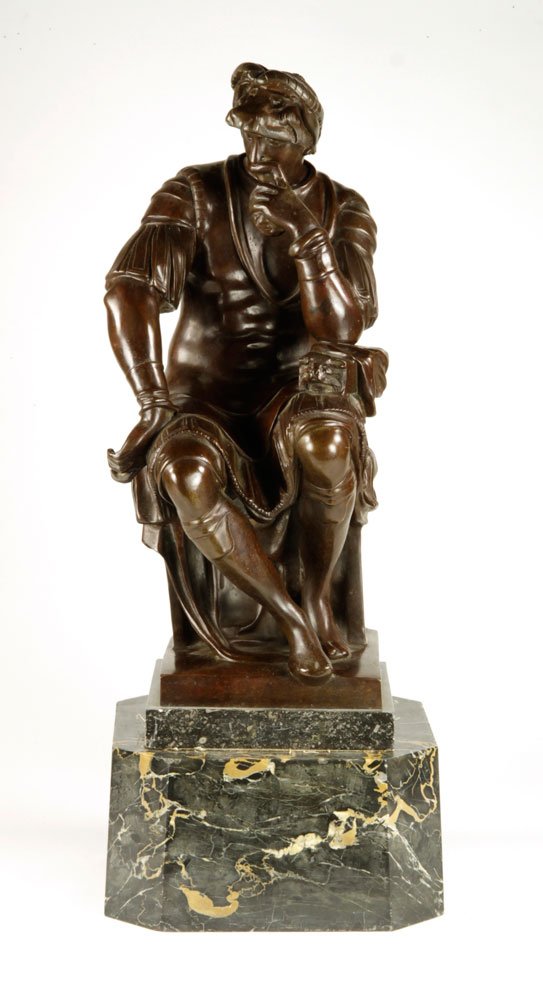 Deluca, Roman Warrior, Bronze: Sculpture of a seated Roman warrior, bronze, on marble base, in two pieces, signed "F. Deluca," 17 1/2" h x 8" w. Provenance: From the collection of William Kester of Los Angeles and Palos Verdes, Cal