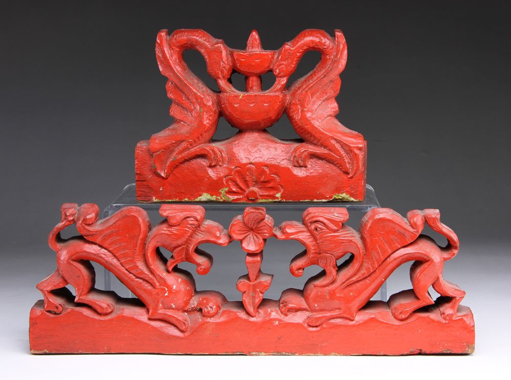 2 Chinese Carved Frieze Elements: Two carved and painted frieze elements, Chinese, decorated with dragons and pixiu, 5 1/2" h x 15" l (larger). Provenance: From a New Hampshire estate.