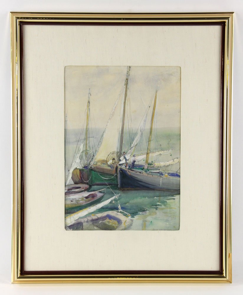 Peterson, Sailboats, Watercolor: Jane Peterson (American, 1876-1965), sailboats, watercolor, 18" h x 12 3/4" w (view), 29 1/2" h x 24 1/2" w. Provenance: from the estate of a prominent Boca Raton, Florida surgeon.