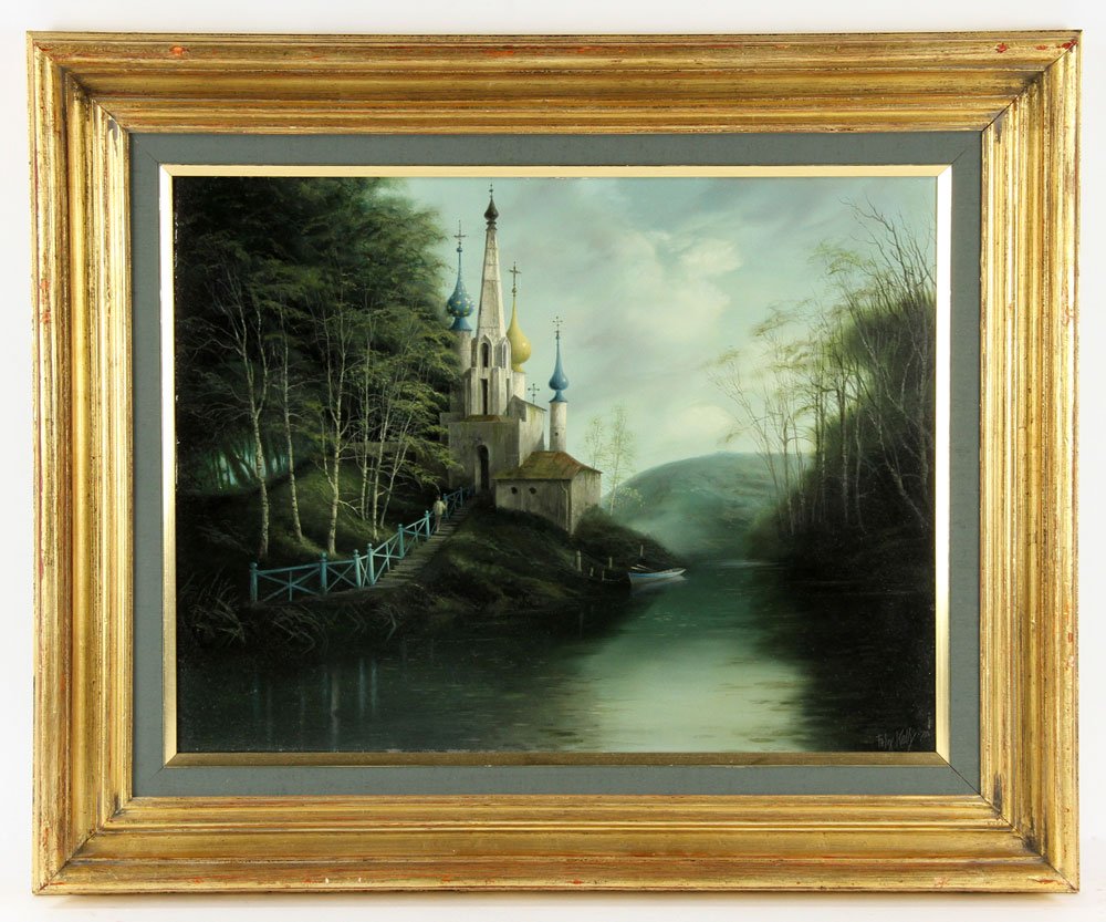 Kelly, "The County Church," Tempera on Masonite: Felix Kelly (New Zealand, 1914-1994), "The County Church," tempera on masonite. To include original receipt of purchase from Arthur Tooth and Sons Ltd of London, England, August 13, 1971. Provenance: 