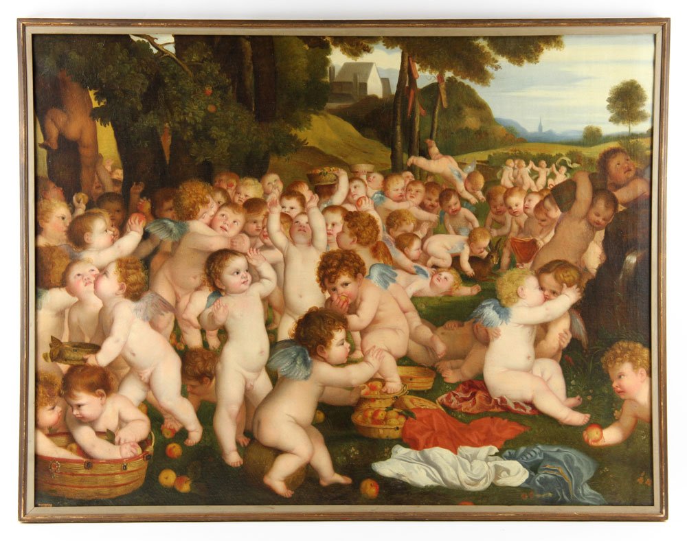 After Titian, "The Worship of Venus," Oil on Canvas: After Tiziano Vecellio, "The Worship of Venus," oil on canvas. Provenance: from the estate of Baroness Mary McFall de Gunzburg of New York City, New York and Miami Beach, Florida.