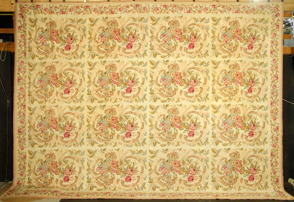French Needlepoint Carpet: French needlepoint carpet, 16' 5" x 12'. Provenance: from the estate of Baroness Mary McFall de Gunzburg of New York City, New York and Miami Beach, Florida.