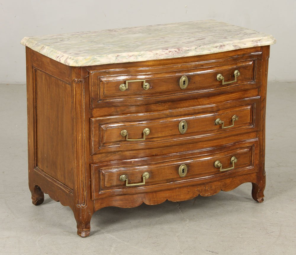 19th C. Miniature Commode: 19th century French miniature commode, having three drawers and marble top, 19 3/4" h x 14 1/4" w x 25 3/4" d. Provenance: from the estate of Baroness Mary McFall de Gunzburg of New York City, New Yor