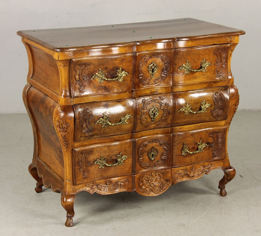 18th C. French Commode: 18th century French Provincial commode, having three drawers, 35" h x 40 1/2" w x 20" d. Provenance: from the estate of Baroness Mary McFall de Gunzburg of New York City, New York and Miami Beach, Flo