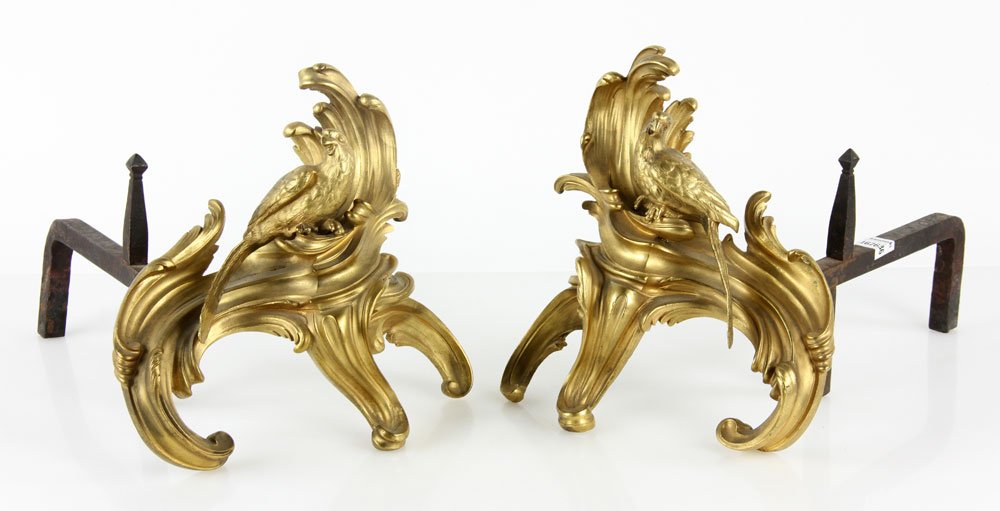 French Figural Andirons: French figural bird form andirons, bronze, 9 1/2" h x 9 1/2" w. Provenance: from the estate of Baroness Mary McFall de Gunzburg of New York City, New York and Miami Beach, Florida.