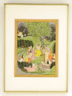 "Krishna Dances for the Gopis," Illuminated Manuscript: "Krishna Dances for the Gopis," illuminated illustration from the Bhagavata Purana, from Pahari, Kangra, India, circa 1800, 9 7/8" h x 7 1/4" (view). Provenance: Purchased from Doris Wiener Gallery, M