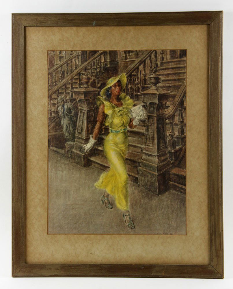 Marsh, Woman in Yellow Dress, Print: Reginald Marsh (American, 1898–1954), woman in yellow dress in Brooklyn, NY, print, signed and dated 1934, 28 in. (71.12 cm) H x 22.25 in. (56.52 cm) W (frame); 19 1/2 in. (49.53 cm) H x 14 1/2 in.