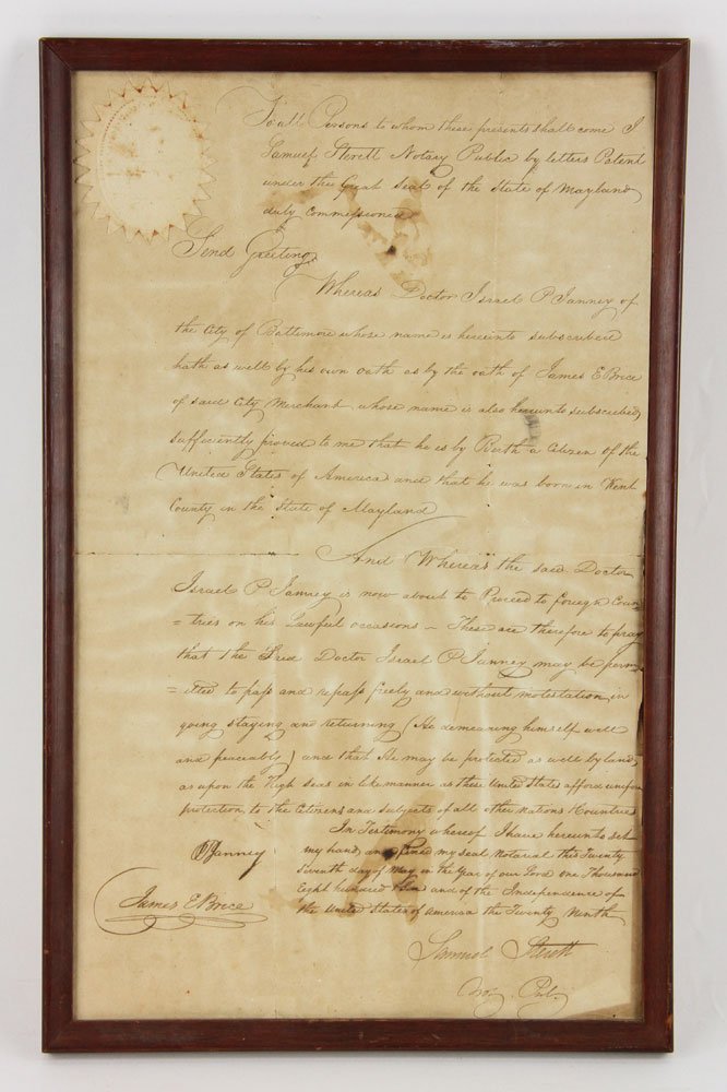 Dr. Israel Janney's Passport: Passport of Dr. Israel Janney, Baltimore, Maryland, May 27, 1806, signed by James E. Brice, 15 1/2" h x 9 1/2" w. Provenance: From a California estate.