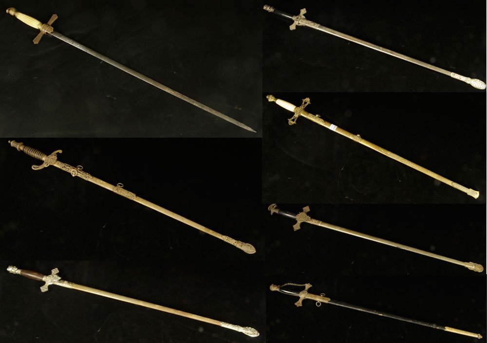 Seven Ceremonial Swords: Lot of seven ceremonial swords, to include Knights of Columbus and Odd Fellows. Provenance: From a California estate.