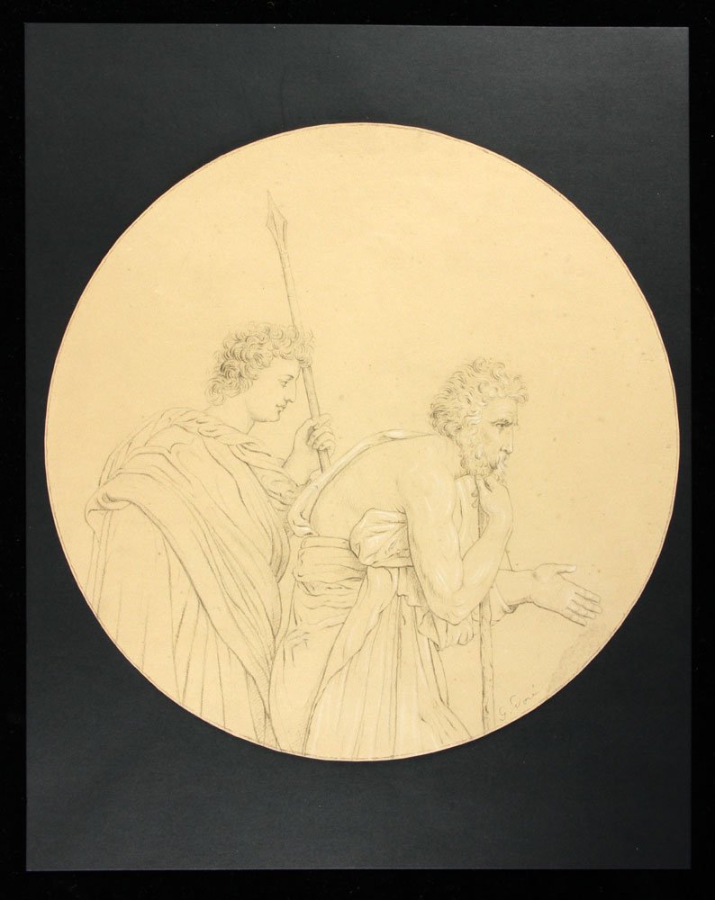 After Dore, Two Classical Figures, Pencil: After Gustave Doré, two classical figures, pencil drawing highlighted with white, signed lower right, 10 1/2" dia (unframed). Provenance: From a Texas estate.