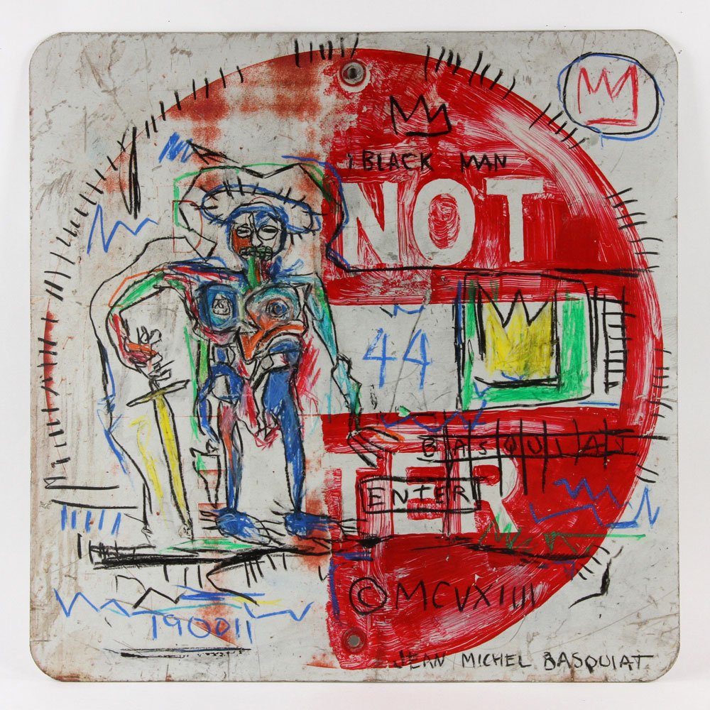 After Basquiat, Oil Sticks on Metal: After Jean-Michel Basquiat, oil sticks on metal "Do Not Enter" sign, 24" sq (overall). Provenance: Acquired from Jed Johnson by the former owner's father in 1984. Jed Johnson was an American interior 
