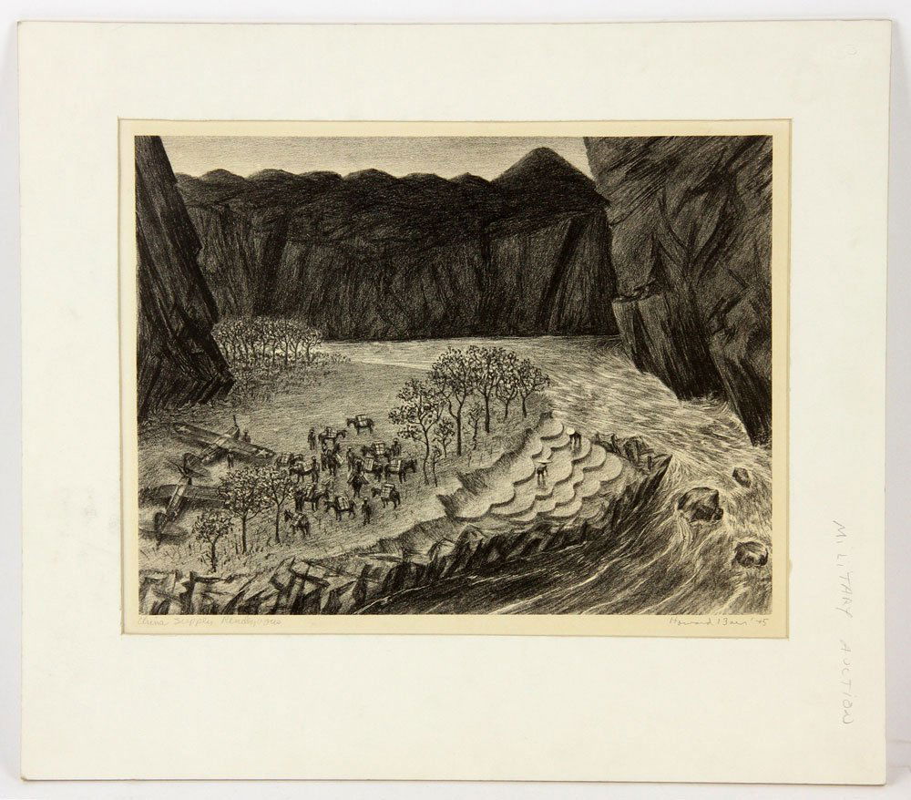 Baer, "China Supply Rendezvous," Lithograph: Howard Baer (American, 1906-1986), "China Supply Rendezvous," lithograph, WWII scene depicting Piper Cubs delivering supplies to US Medical Department pack trains, signed, titled and dated 1945 in pen