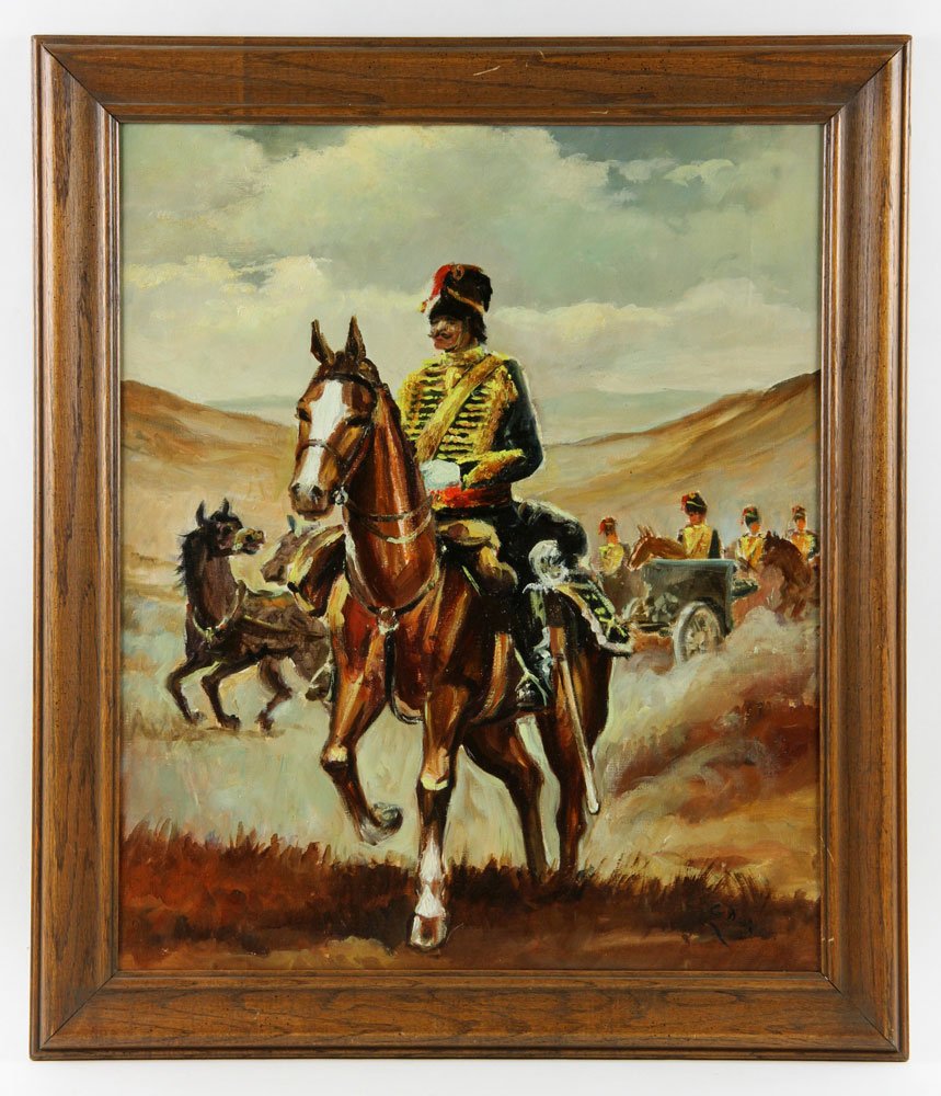 Van Doorn (Dutch), Cavalry On Horseback, Oil on Canvas: C. van Doorn (Dutch), cavalry on horseback, oil on canvas, signed lower right, 23 1/2" h x 19 1/2" w (view), 28 1/2" h x 24 1/2" w (frame). Typewritten not affixed to back of frame reads: "Van Doorn i