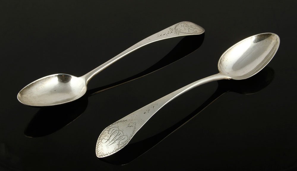 Two 18th C. Connecticut Silver Spoons: Lot of two 18th century Connecticut spoons, silver, marked "SP" (possibly Samuel Parmele, 1737-1807), 9" l, approximately 3.7 troy oz TW. Provenance: From a Massachusetts estate.