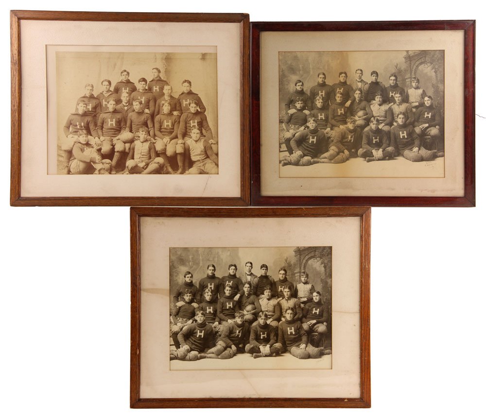 Three Albumen Photographs of Harvard Football Teams: Lot of three albumen photographs of Harvard football teams, circa late 1890s, largest 15" h x 12" w (view), 23" h x 20" w (frame). Provenance: From the estate of Eleonora Randolph Sears.