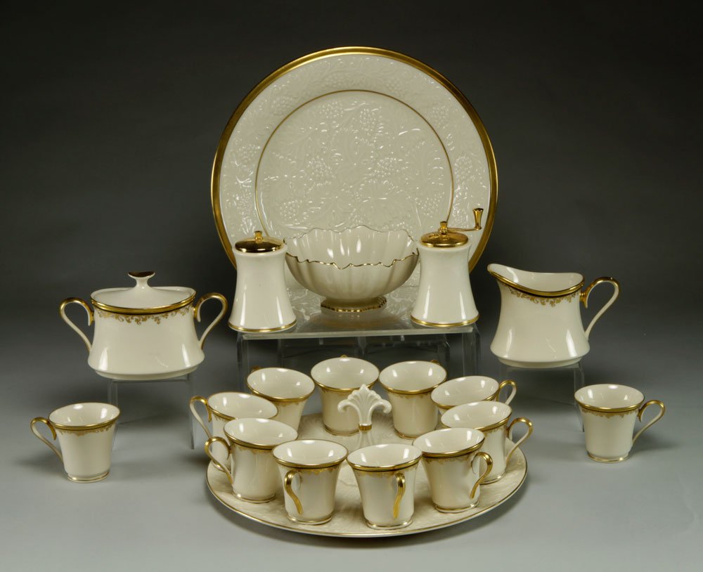 Lenox Eclipse China Service: Lenox "Eclipse" pattern service for twelve with extras, to include: 12 dinner plates, 23 salad plates, 12 side plates, 12 cream soup spoon, 12 cups with saucers, 12 demitasse cups and 12 saucers, 12 b