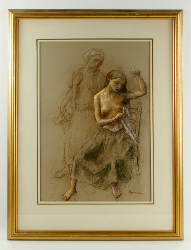 Brackman, Girl Bathing, Pastel and Crayon: Robert Brackman (American, 1898-1980), girl bathing, pastel and crayon drawing, 23" h x 16" w, matted and framed 33" h x 25"w. Provenance: From the personal lifetime collection of Mark Avner of Lake W