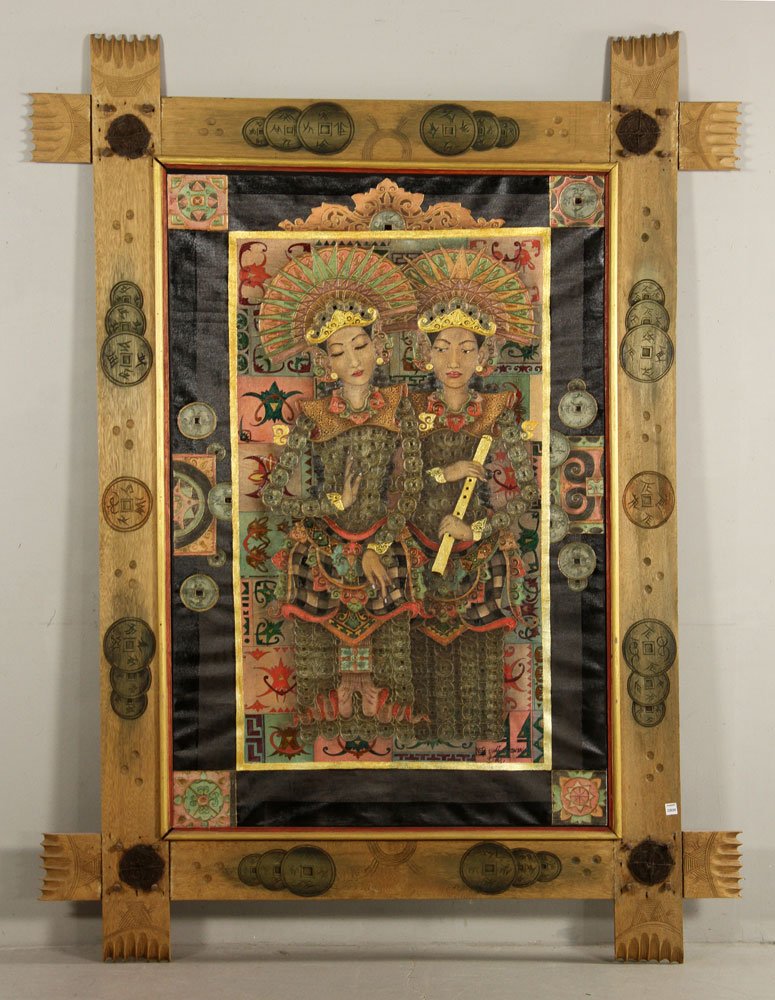 Trawan, Balinese Painting of Dancers, Oil: Balinese painting of two dancers, oil on canvas, signed "Yudi Trawan," in original wood frame, 84" h x 63" w (frame). Provenance: From a California estate.
