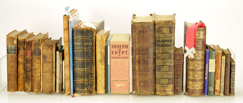 25 Religious Books: Lot of twenty-five books on religious subjects, to include: "The Holy Bible Containing the Old and New Testaments," Oxford: Belknap Press of Harvard Press, 1837, Stereotype edition, full Morocco, all 