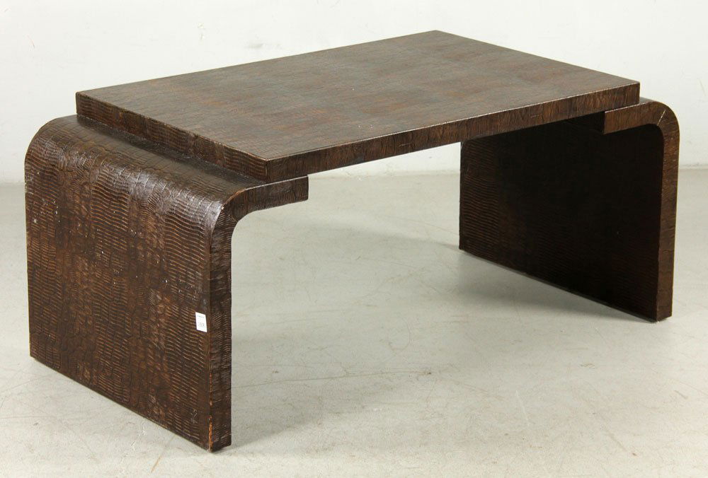 Karl Springer Style Faux Alligator Low Table: Karl Springer style mid century Modern low table, faux alligator, 17" h x 38" w x 20" d.