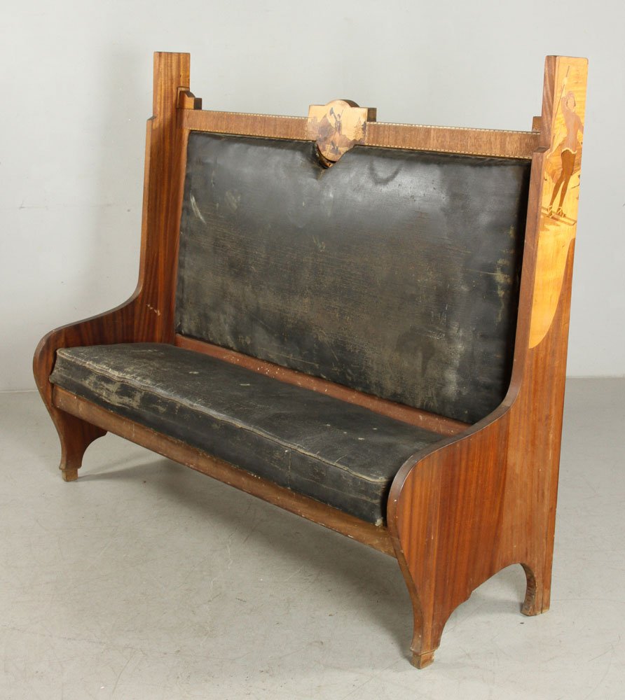 Early 20th C. Scandinavian Settee: Early 20th century Scandinavian settee bench, mahogany with fruit wood marquetry and leather upholstery, 54 1/4" h x 66" w x 26" d. Provenance: From a New Hampshire estate.