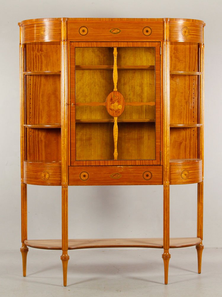 Edwardian Vitrine: 1920's Edwardian vitrine, satinwood, having marquetry and parquetry inlays, one drawer, 74 1/2" h x 55" w x 16" d.