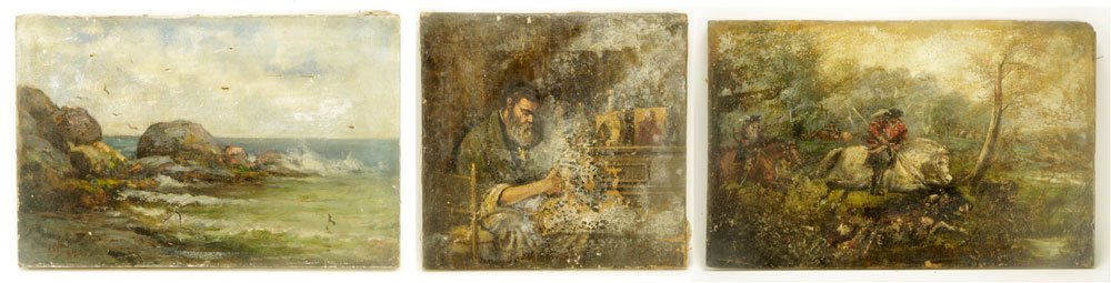 3 Paintings: Lot of three paintings, to include: 18th century Continental school, hunter on horseback, oil on wood panel, 13" h x 20" w; 19th century European portrait of a man working at a table, 12" h x 12 1/4" 