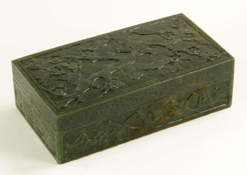 19th C. Chinese Carved Spinach Jade Box (1 of 4)