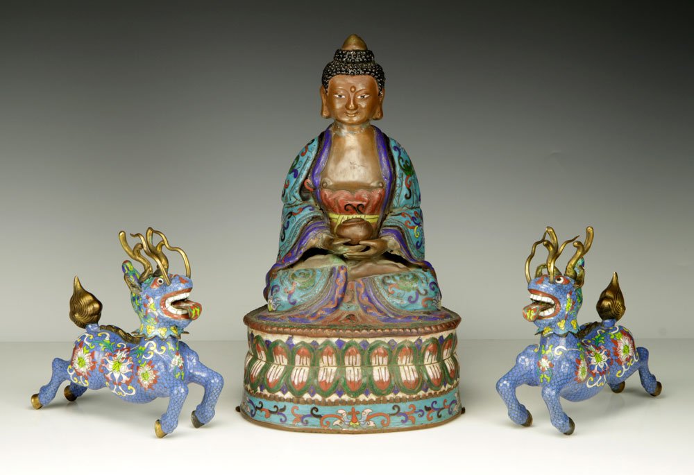 Chinese Cloisonne Sitting Buddha and Pr. Qilins: Chinese cloisonne sitting Buddha 12" h x 7 1/2" w and a pair Qilins 6 1/2" h x 7 1/2" w. Provenance: from a Thunderbird California estate.