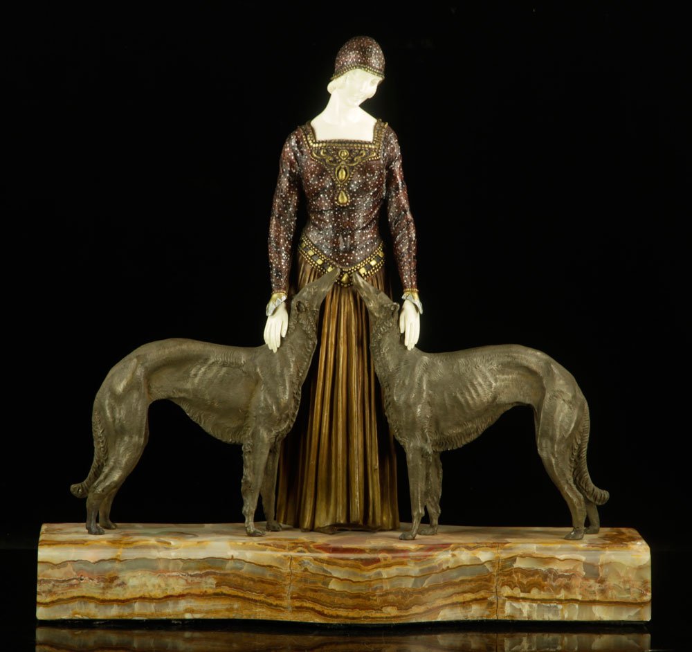 After Chiparus, "Friends Forever," Bronze and Bone: Demetre Chiparus (Romanian, 1886–1947), "Friends Forever," bronze with carved walrus bone hands and face, on marble plinth, 23 1/2" h x 24" w x 7 1/2" d. Provenance: from a California estate.