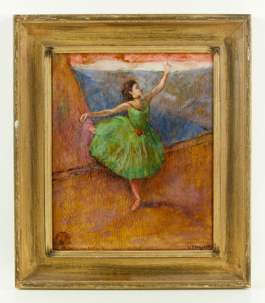 Kronberg, Ballerina on Stage, Oil: Louis Kronberg (American, 1872–1965), Ballerina, oil on board, signed, 16 1/8" h x 13 3/8" w (view), partial wood frame, 21 3/4" h x 19" w (frame). Provenance: From the personal lifetime collection 