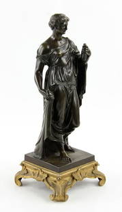 19th C. French Neoclassical Bronze: 19th century French Neoclassical statuette, bronze, depicting a woman holding a wreath, 16" h x 7" w x 7" d. Provenance: from the estate of the late William Kester of Los Angeles and Palos Verdes, Cal