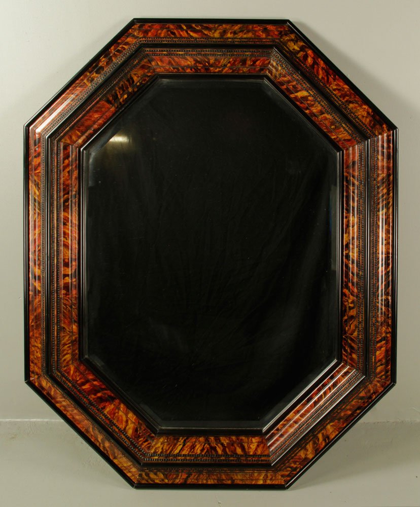 18th C. Dutch Mirror: 18th century Dutch mirror, faux tortoise shell and black lacquer, 39" h x 29" w (interior), 51" h x 41" w (exterior). Provenance: from a Massachusetts estate.