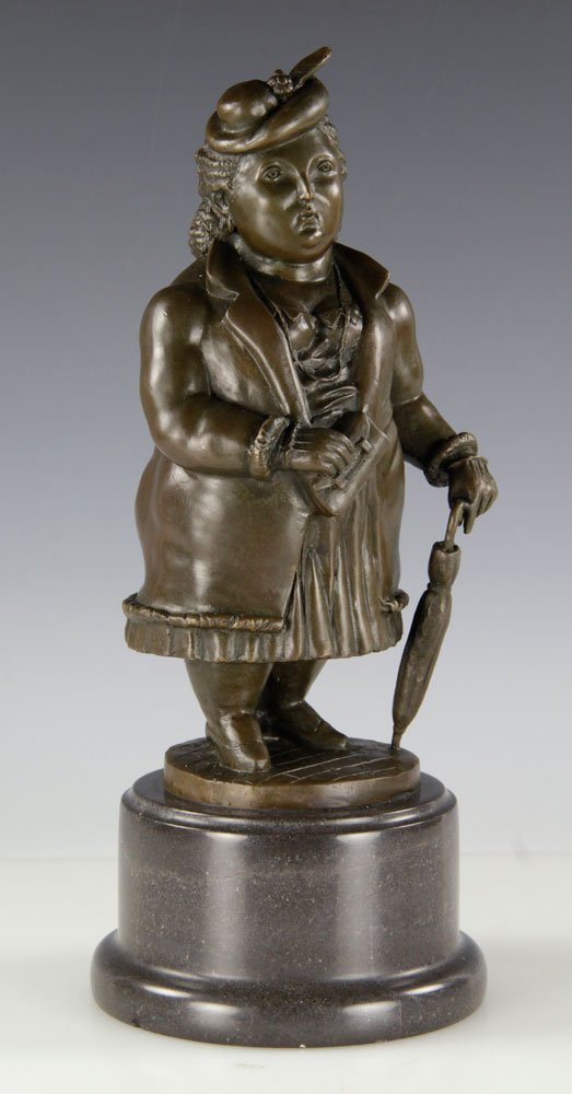 After Botero, Woman with Umbrella, Bronze: After Fernando Botero, woman with umbrella, bronze, signed "Botero," on marble plinth, 10 1/2" h x 4" dia (bronze), 3" h (plinth only). Provenance: from a Connecticut estate.