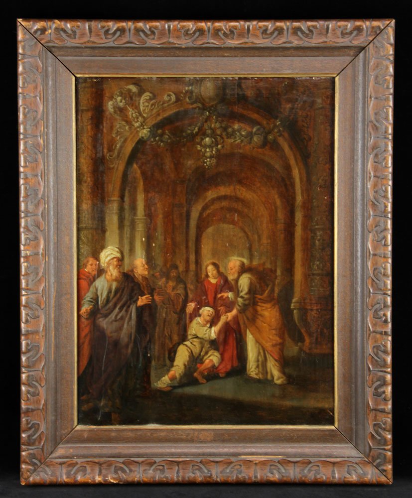 Attr. Bol, "La Guerison de L'Infirme," Oil on Panel: Attributed to Ferdinand Bol, "#105 La Guerison de L'Infirme," oil on wood panel, showing saint healing the sick; 19 1/4" h x 14" w (view), 25" h x 20" w (frame). Provenance: From a Palm Beach estate.