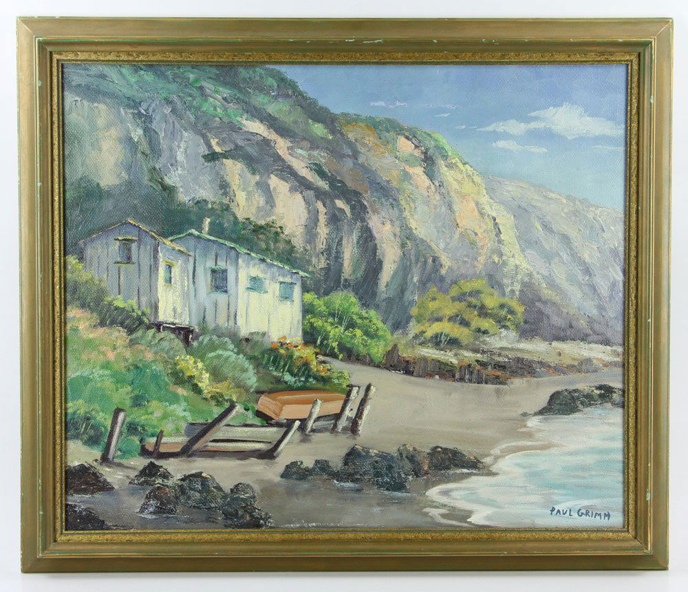 Grimm, California Cottage, Oil on Masonite: Paul Grimm (American, 1891-1974), Malibu, California summer cottage on the beach, oil on masonite, 20" h x 24" w (view), 23" h x 27" w (frame). Provenance: from a California estate.