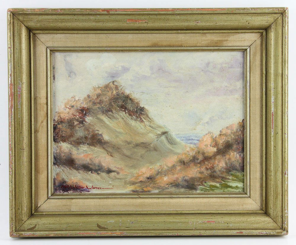 Warner, Dunes, Oil on Canvas: Nell Walker Warner (American, 1891-1970), sand dunes, oil on canvas board, signed, 9" h x 12" w (view), 14" h x 17" (frame). Provenance: from a California estate.