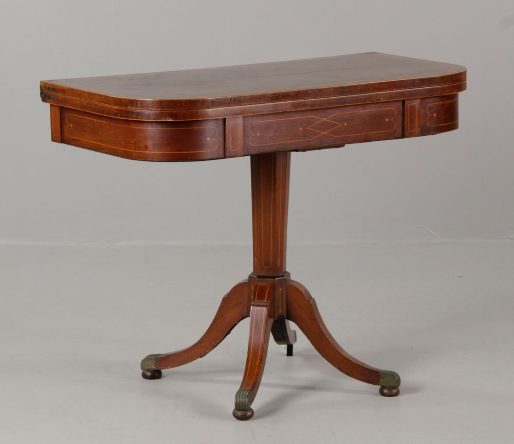 Antique Duncan Phyfe Style Card Table: Antique Duncan Phyfe-style card table, mahogany, with highly figured top that opens to felt game table.